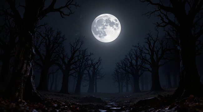 full moon over dark spooky forest at night
