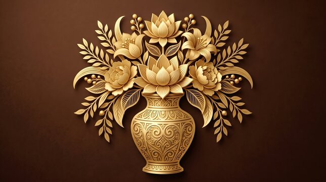 Intricate golden floral arrangement in a decorative vase with swirling patterns and detailed leaves against a dark brown background