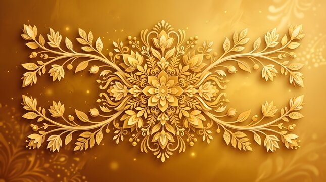 Intricate golden floral arrangement with leaves and blossoms in a decorative baroque style detailed ornamental design on a golden background