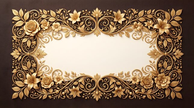 Intricate golden floral frame with roses and leaves on a dark brown background detailed baroque ornamentation and elegant design elements