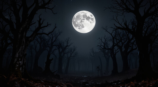 full moon over dark spooky forest at night
