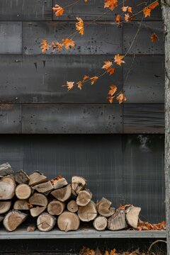 Stacked firewood logs against a dark metal wall with orange maple leaves for rustic autumn background and banner design. Vertical banner. Copy space