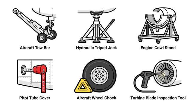 Aircraft maintenance tools consist of tow bars, jacks, engine stands, wheel chocks, and pitot tube covers for safe ground handling.