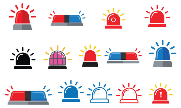 Set of various emergency lights, police sirens and beacon lamps, including red, blue, black, and striped designs with light beams