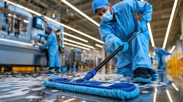 Sanitation workers in protective gear clean a foam-covered industrial floor with mops, ensuring hygiene in a bright, spotless facility.