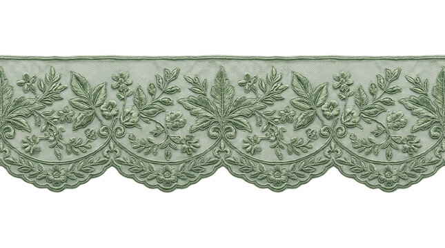 Vintage sage green lace border, elegant floral embroidery trim, decorative textile ribbon with scalloped edges for wedding crafts isolated PNG with Transparent Background