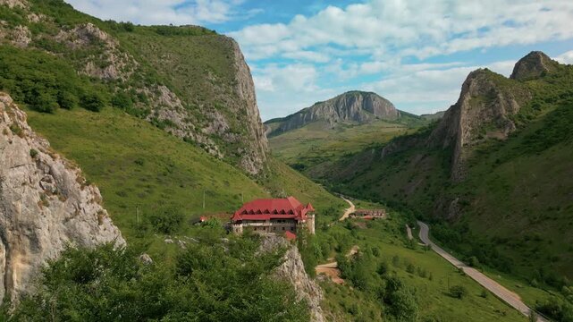 Aerial view of medieval castle nestled in the mountains, transylvania