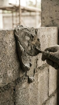 Trowel applying wet mortar to a cinderblock wall for masonry background and construction site texture