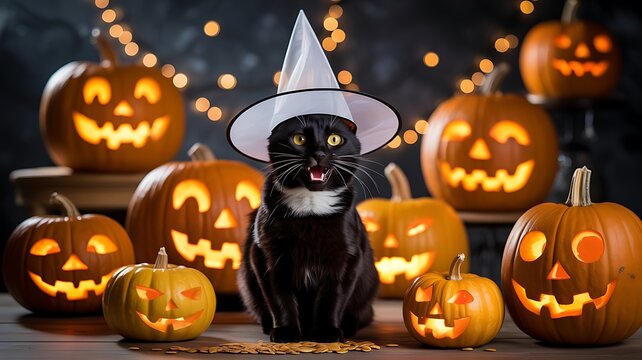Festive halloween decoration featuring a black cat wearing a witch hat surrounded by glowing jackolanterns