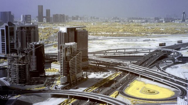 An infrared timelapse of traffic flowing through a complex highway interchange in Dubai, surrounded by modern skyscrapers and yellow tinted vegetation