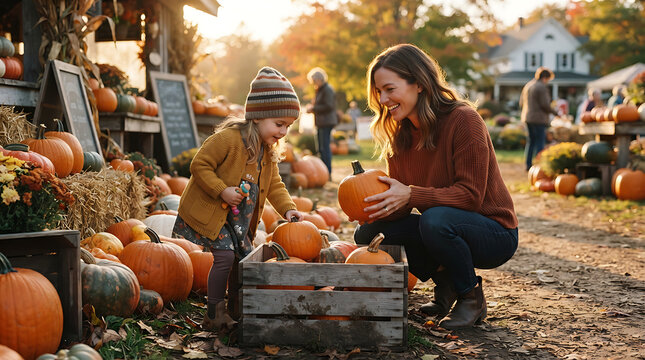 Mother and daughter choosing pumpkins at a farm stand during autumn