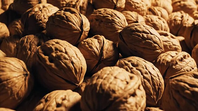 Large pile of whole walnuts in shells with warm light