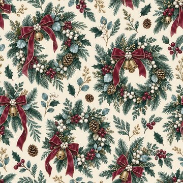 Christmas wreath seamless pattern with pine cones