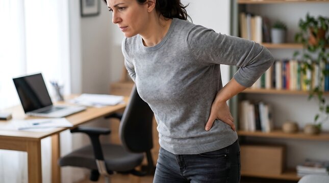 Lower back pain in home office, woman suffering from spinal ache while working, sedentary lifestyle health issues