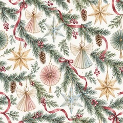 Fototapeta premium Seamless Christmas Ornaments and Foliage Pattern