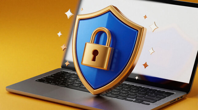 Laptop shows digital shield and padlock. Cybersecurity concept for data protection and online safety. Secure computer system and network defense.