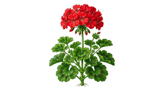 Vibrant red geranium flower with green leaves. Botanical illustration of a blooming pelargonium plant. Floral garden element for design. isolated PNG with Transparent Background