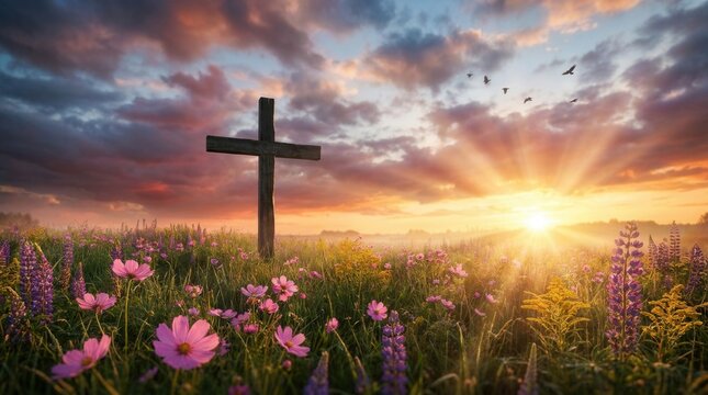 Peace and hope in religion and christianity concept with a Christian cross on a beautiful spring field with flowers at sunrise.