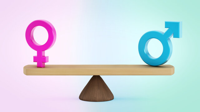 Man and woman equality concept with male and female symbols at the two sides of the scale. 3D illustration