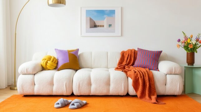 Cozy and bright living room atmosphere with a modern white sofa adorned with colorful cushions and blankets.