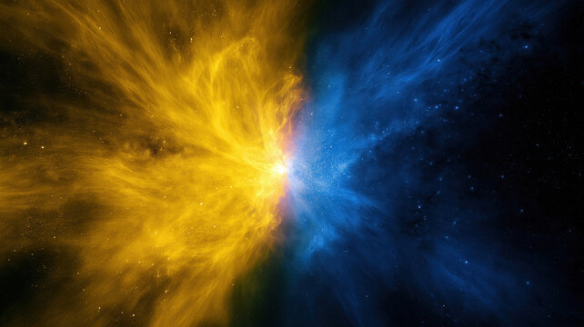 vibrant space explosion nebula with fiery golden yellow gas cloud colliding with deep blue cosmic dust in deep outer space background filled with distant glowing stars and galaxy light