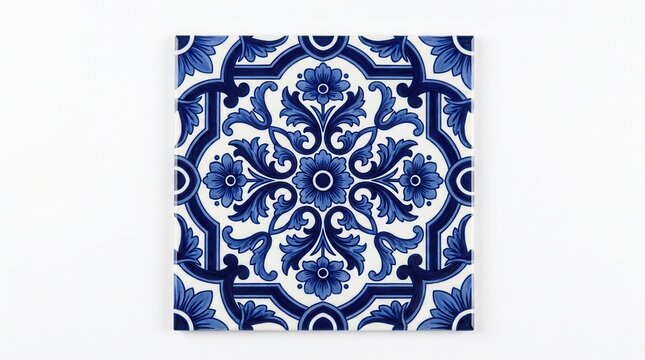 Ethnic folk ceramic tile with an Italian pattern and navy blue floral ornament in traditional Spain and Portuguese decor