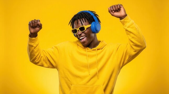Listening to music with headphones, a joyful young black man in a yellow hoodie and sunglasses dances excitedly.