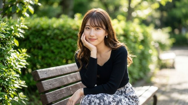 Woman in a black top sitting on a park bench and resting her chin on her hand