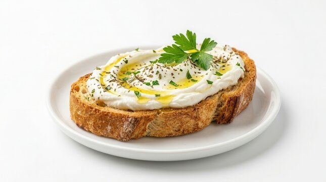 Herbs and olive oil garnish a labneh spread on a crusty baguette sandwich, isolated on a white background.