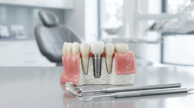 Dental explorer tools and mirror accompanying a dental implant model and natural tooth