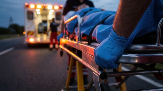 Toward open ambulance doors, a paramedic in blue medical gloves pushes a wheeled stretcher with a patient covered in a blanket and medical equipment.