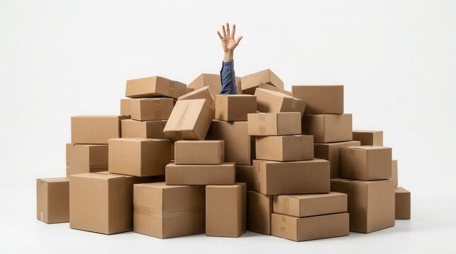 Concept of overwhelming clutter and consumerism featuring a person trapped and reaching out from under a huge pile of cardboard boxes.