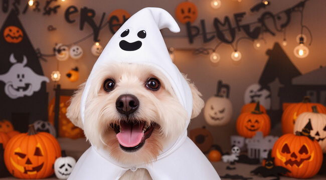 Funny dog wearing cute ghost halloween costume
