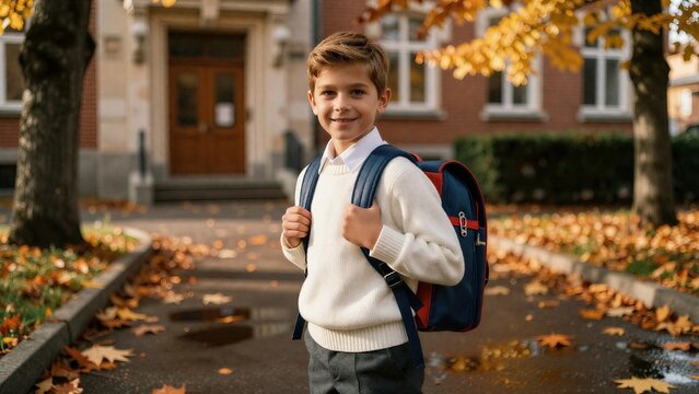 Happy school boy with backpack standing in front of school building in autumn, back to school concept