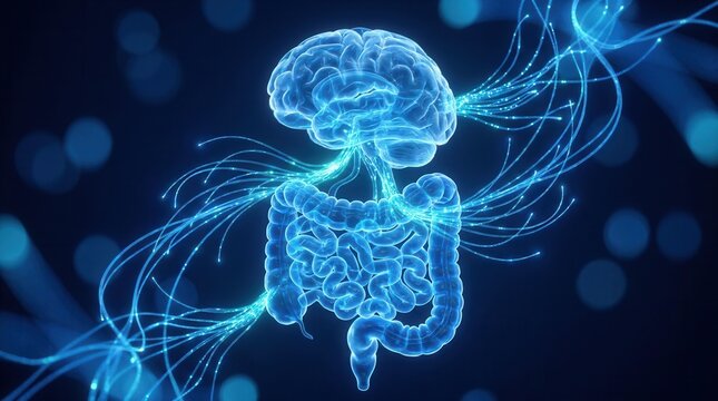 Gut-brain axis connection concept depicted by a glowing blue intestine and brain.