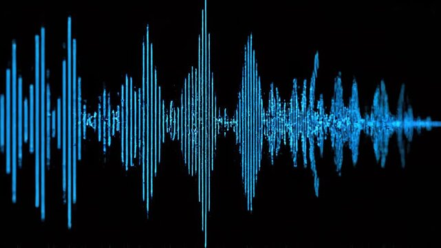Blue sound waves pulse across black background with cinematic motion and subtle light shifts for audio visualization