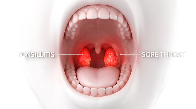 Medical illustration of inflamed tonsils and sore throat inside human mouth