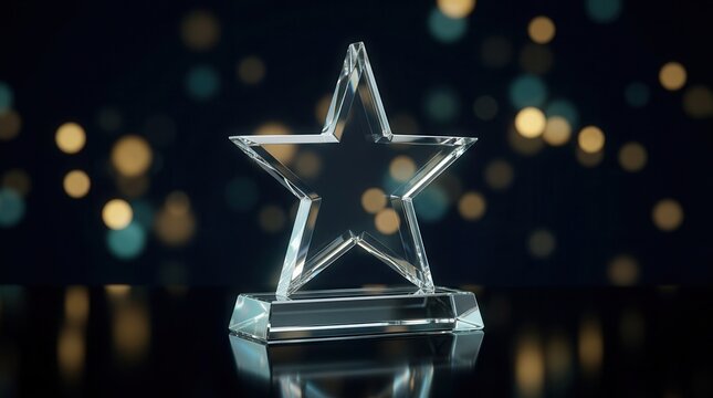 Recognition and achievement symbol depicted by a glass star award on a dark surface.