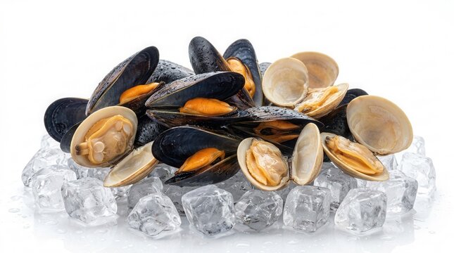 Unshelled clams and cooked mussels in a pile, isolated on a white background.