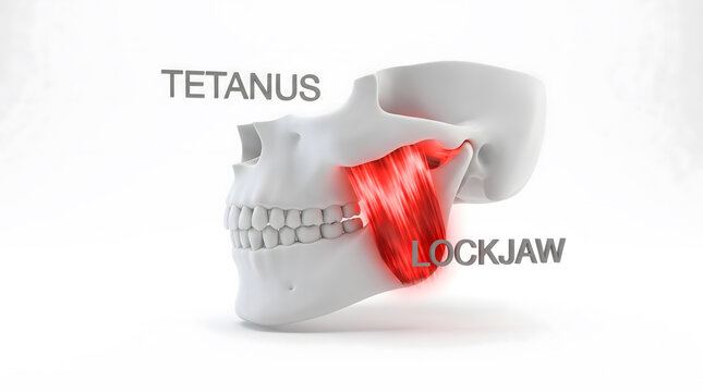 Medical 3D illustration of human skull showing masseter muscle tension