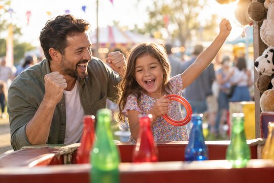 Happy father and daughter winning ring toss game at fair