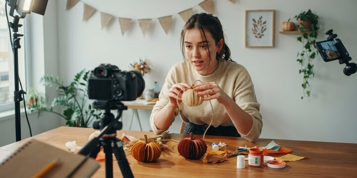 Young woman crafting paper pumpkins for vlog in bright studio setup, happy halloween, halloween celebration theme