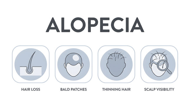 Medical infographic icons illustrating symptoms of alopecia and hair loss conditions