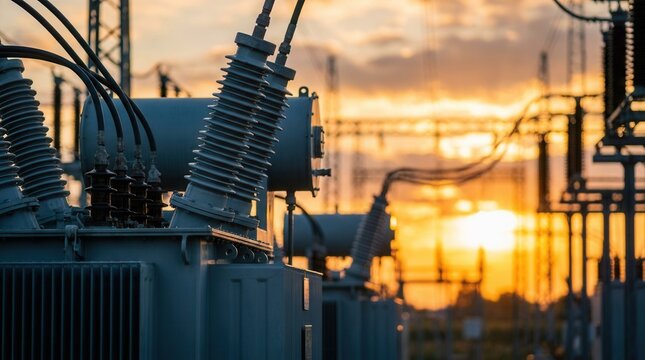 Transformers and power lines at a distribution electric substation with a blurred sunset energy infrastructure backdrop