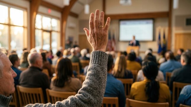 A neighborhood meeting in a local center featuring diverse community members participating in civic engagement and public organizing.