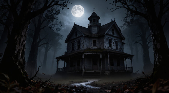 haunted house in the woods with moonlight 
