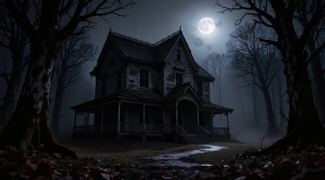 haunted house in the woods with moonlight 
