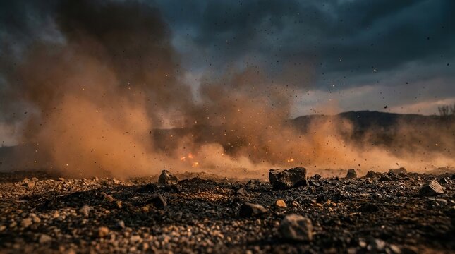 Military operation concept background with bomb explosion sparks, smoke, and debris for war game design.