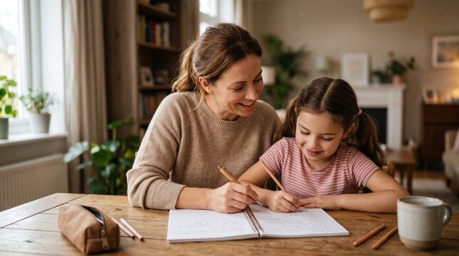 Mother helping daughter with homework at home
