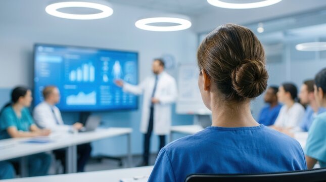 Hospital conference room health safety training session featuring medical staff in scrubs viewing a presentation on a large screen.